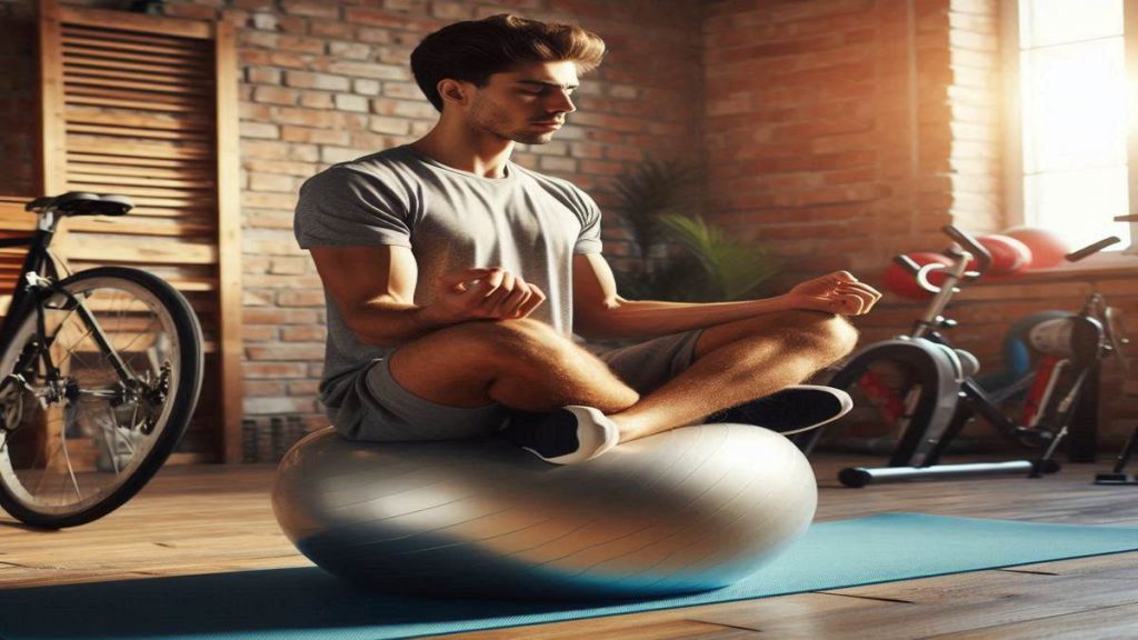 ورزش برای درد دنبالچه اقای در حال ورزش نشستن روی توپ تعادل