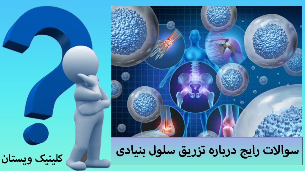 درباره تزریق سلول بنیادی یک تصویر از سلول و یک آدمک با علامت سوال