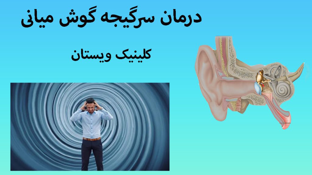 درمان قطعی سرگیجه یک شخص که سرگیجه دارد و یک تصویر از گوش میانی