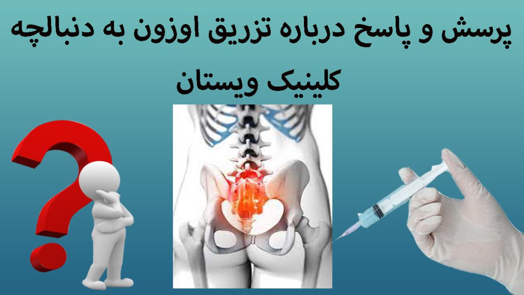 درباره اوزون تراپی سه تصویر از تزریق اوزن به دنبالچه و یک آدمک با علامت سوال